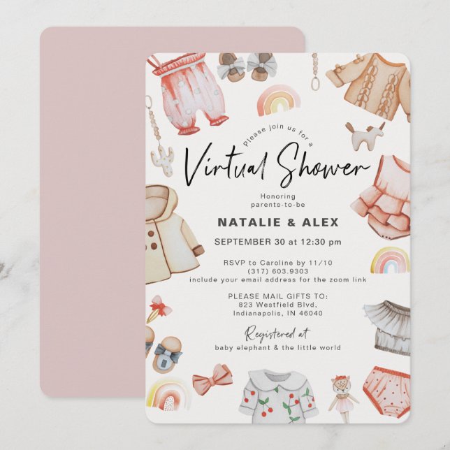 Invitation Vêtements et jouets pour bébés roses Baby shower v (Devant / Derrière)