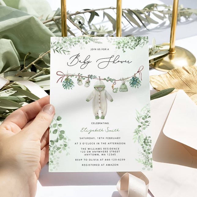 Invitation Vêtements pour bébés Boho Sage Baby shower vert (Créateur téléchargé)