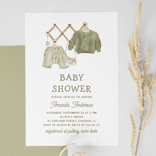 Invitation Vêtements Vertes Aquarelle Sage. Baby shower neutr