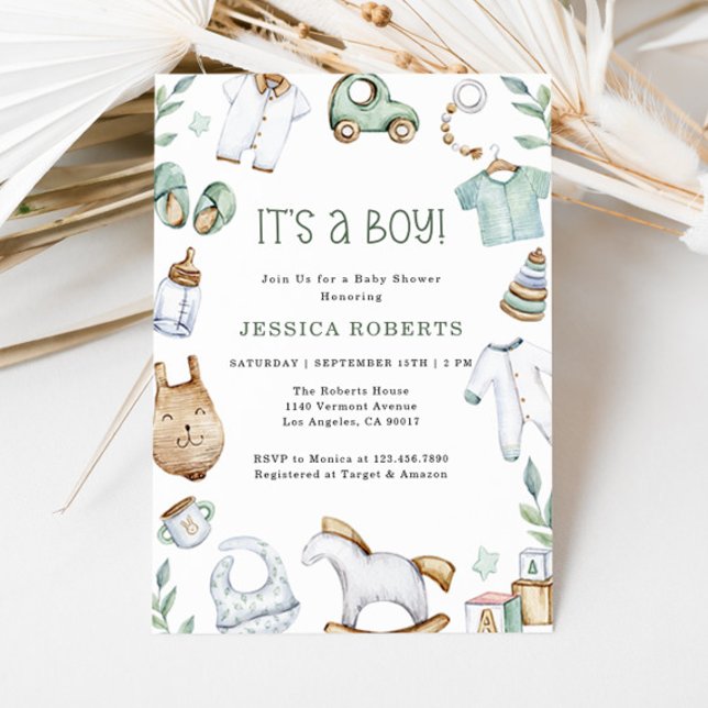 Invitation Vêtements verts et jouets Baby Boy Shower Invitati (Créateur téléchargé)
