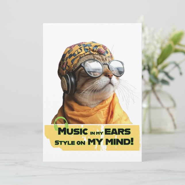Invitation Vibes de chat cool Hipster Kitty avec casque (Debout devant)