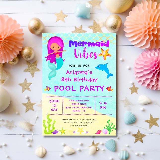 Invitation Vibes de mignonne sirène fête d'anniversaire de la (Créateur téléchargé)