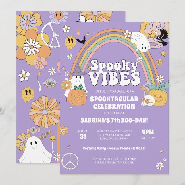 Invitation Vibes éffrayantes Fantôme Super Hippe Halloween An (Devant / Derrière)