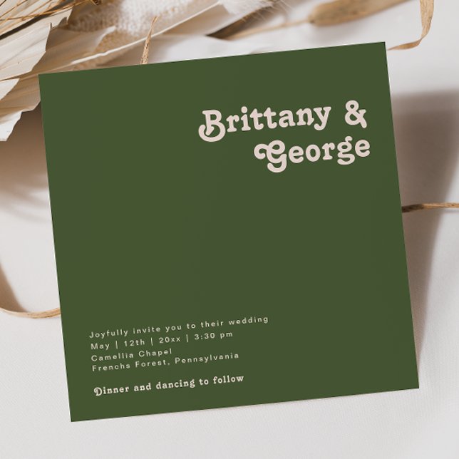 Invitation Vibes rétro simples | Mariage Carré vert olive (Créateur téléchargé)