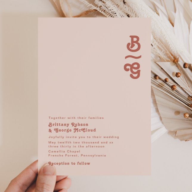 Invitation Vibes rétro simples | Mariage de monogramme rose (Créateur téléchargé)