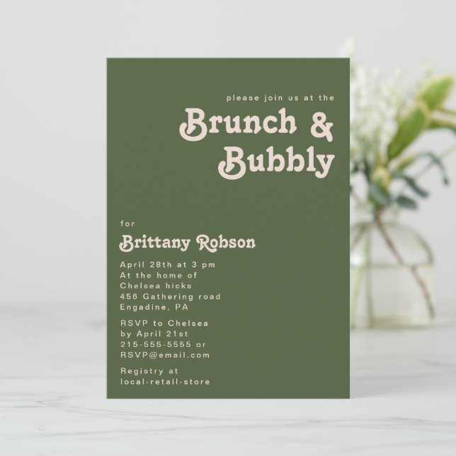 Invitation Vibes rétro simples | Olive Green Brunch et Bubbly (Debout devant)