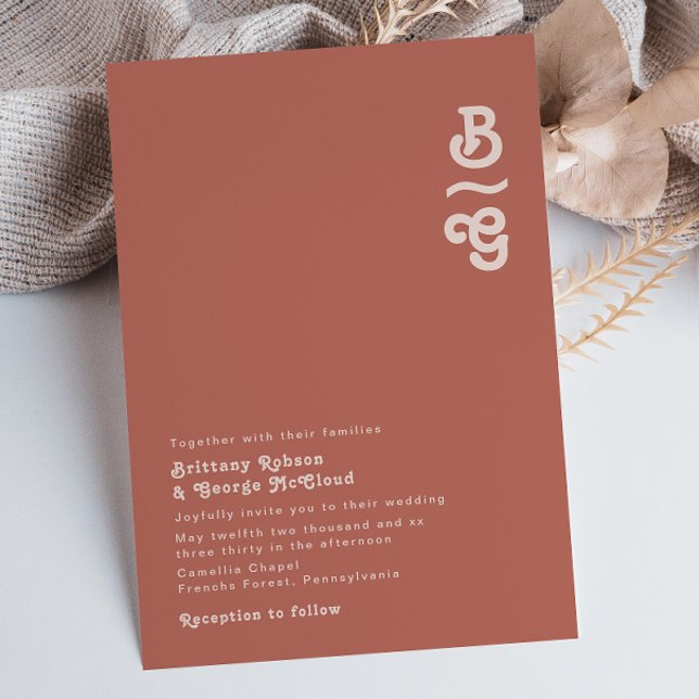 Invitation Vibes rétro simples | Vieux Rose Mariage Monogramm (Créateur téléchargé)