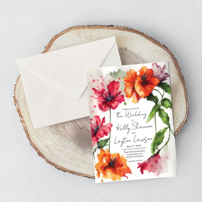 Invitation Vibrant Artisan Rouge Orange Anémonique Mariage fl (Créateur téléchargé)