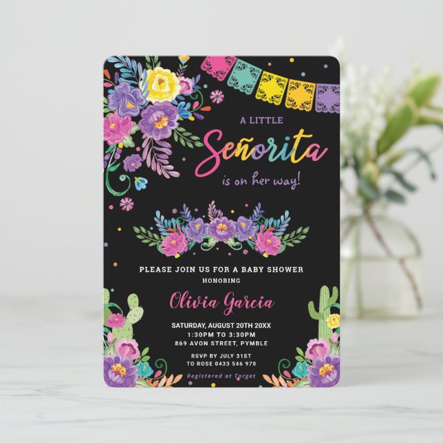 Invitation Vibrant Floral mexicain Señorita Baby shower fille (Debout devant)