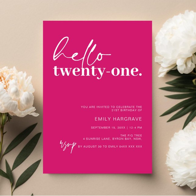 Invitation Vibrant Hot Pink Hello 21e fête d'anniversaire (Créateur téléchargé)