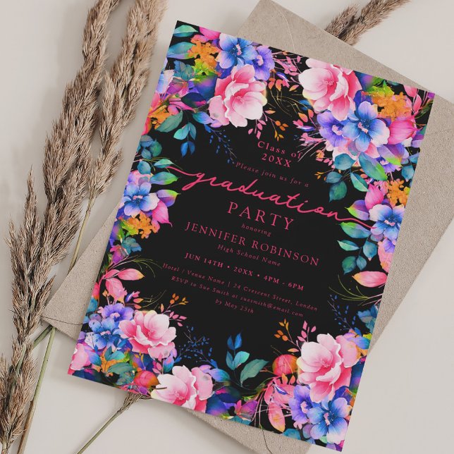 Invitation Vibrant Jardin Floral Graduation Party Black (Vibrant Garden Floral Graduation Party Black Invitation)