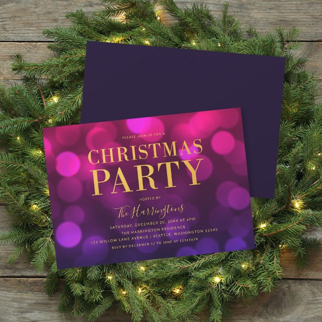 Invitation Vibrant Magenta Bokeh éclaire la fête de Noël d'or (Créateur téléchargé)