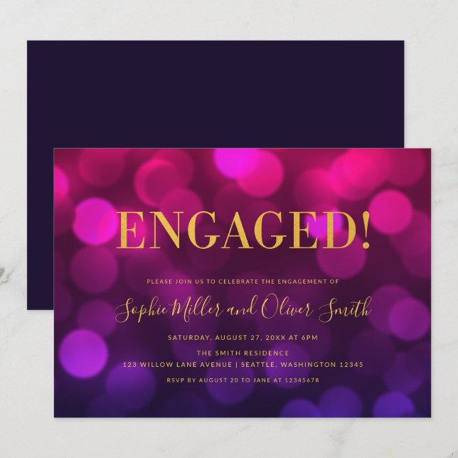 Invitation Vibrant Magenta Bokeh Faux Gold Engagement Party (Devant / Derrière)
