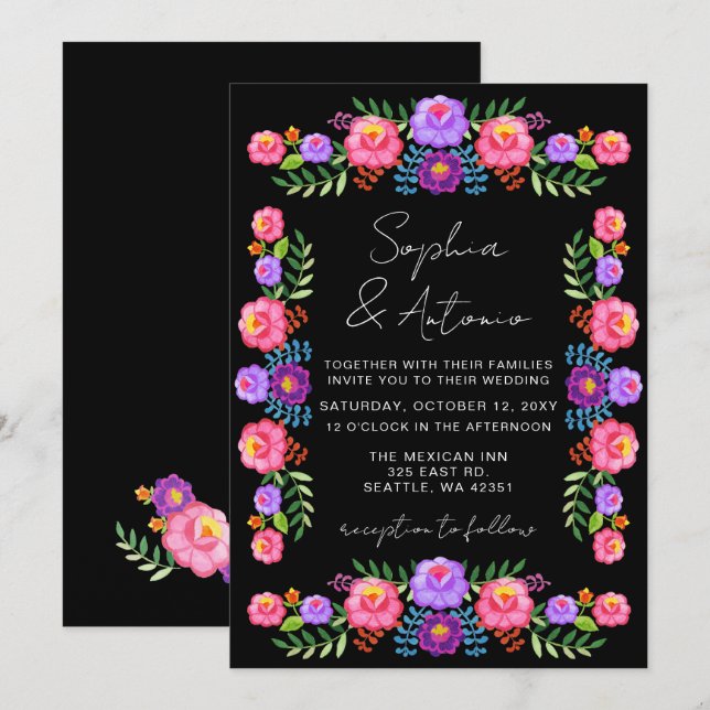 Invitation Vibrant Mexican Floral Fiesta Wedding (Devant / Derrière)