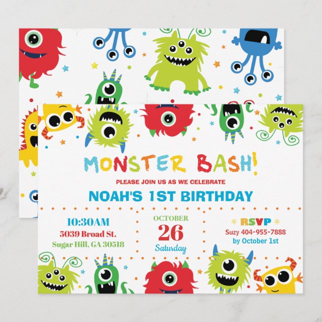 Invitation Vibrant mignon petits monstres garçon 1er annivers (Devant / Derrière)