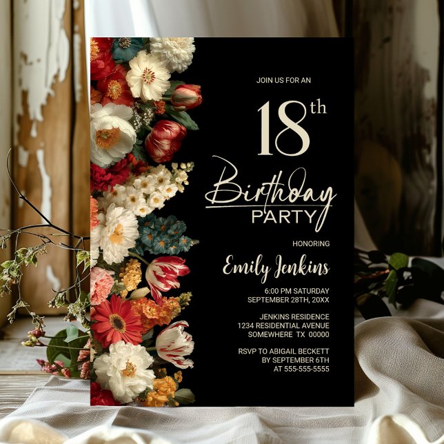 Invitation Vibrant Moody Floral Black 18th Birthday Party (Créateur téléchargé)
