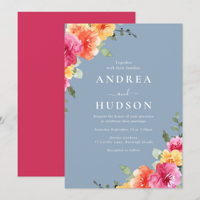 Invitation Vibrant Pink Floral Dusty Blue Wedding (Devant / Derrière)