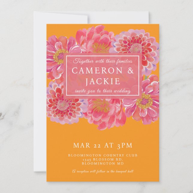 Invitation Vibrant Pink Orange Zinnia Wedding  (Devant)