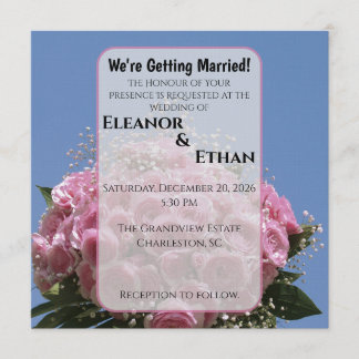 Invitation Vibrant Pink Rose Bouquet & Blue Sky Summer