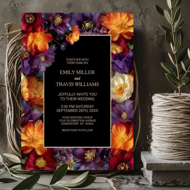Invitation Vibrant Purple and Orange Floral Black Wedding (Créateur téléchargé)