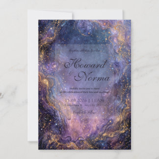 Invitation Vibrant Purple Gold Celestial Nebula Wedding