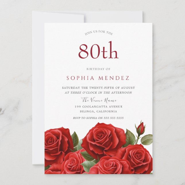 Invitation Vibrant Red Roses 80e fête d'anniversaire (Devant)