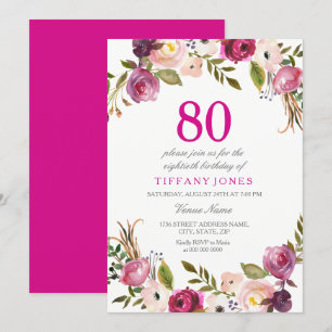 Invitation Vibrant rose botanique floral 80e anniversaire Inv