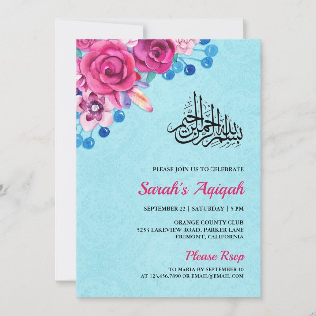Invitation Vibrant rose floral bébé fille Aqiqah (Devant)