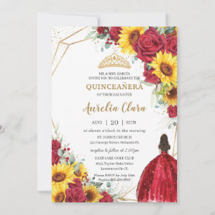 Invitation Vibrant Rose rouge tournesol floral or Quinceañera