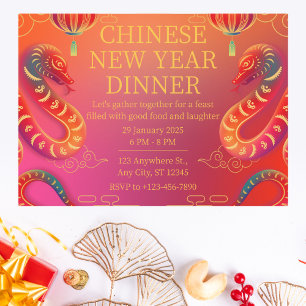 Invitation Vibrant serpent rouge et or Nouvel An chinois