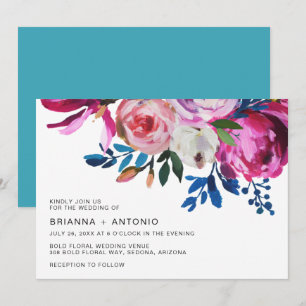 Invitation Vibrant Turquoise rose vif Floral moderne Mariage