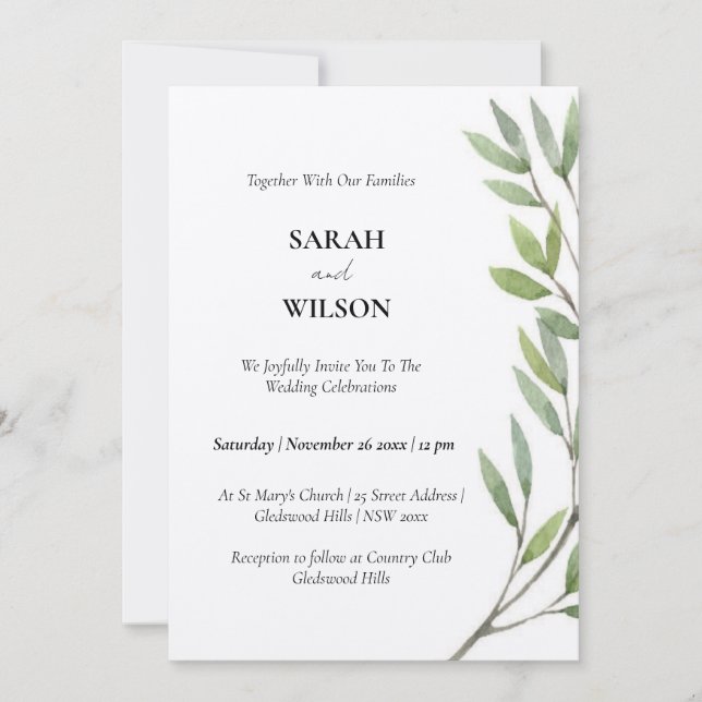 INVITATION VIBRANT VERT WATERCOLOR FERN FOLIAGE (Devant)