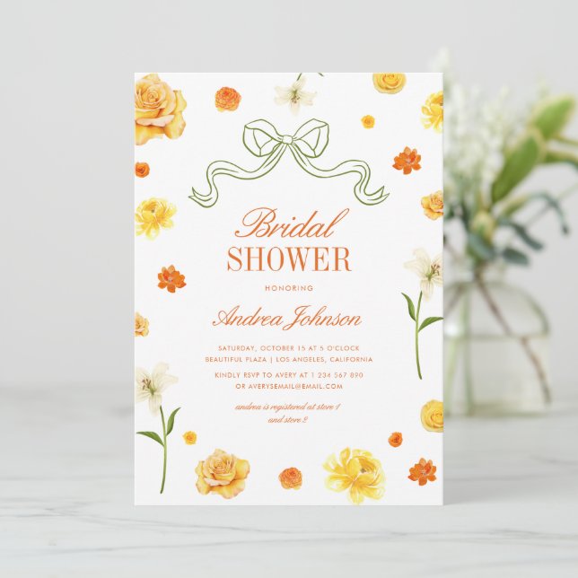 Invitation Vibrant Yellow Orange Floral Bow Bridal Shower (Debout devant)