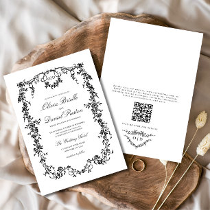 Invitation Victorian Black White QR Code Floral Mariage