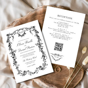 Invitation Victorian Black White QR Code Floral Mariage