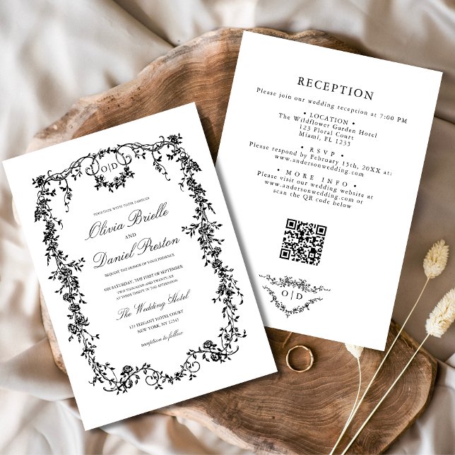 Invitation Victorian Black White QR Code Floral Mariage (Créateur téléchargé)