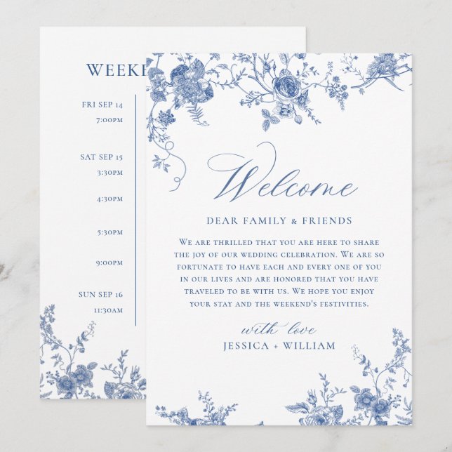 Invitation Victorian Blue Floral Mariage WEEKEND ÉVÉNEMENTS (Devant / Derrière)