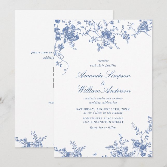 Invitation Victorian Blue French Garden Code QR Mariage (Devant / Derrière)
