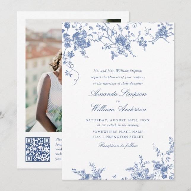 Invitation Victorian Blue French Garden Code QR Mariage photo (Devant / Derrière)