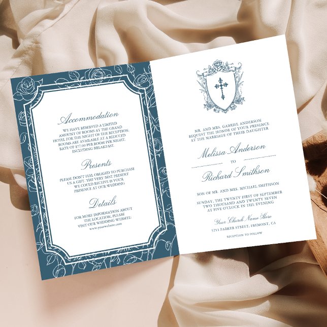 Invitation Victorian Dusty Blue Catholic QR Code Wedding (Créateur téléchargé)