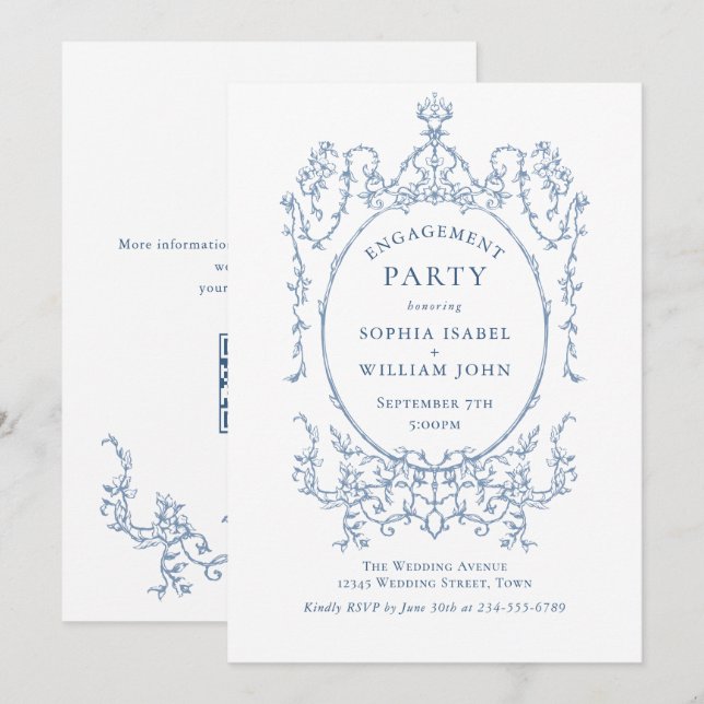 Invitation Victorian Dusty Blue ENGAGEMENT PARTY QR code (Devant / Derrière)