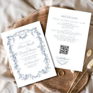 Invitation Victorian Dusty Blue QR Code Floral Mariage
