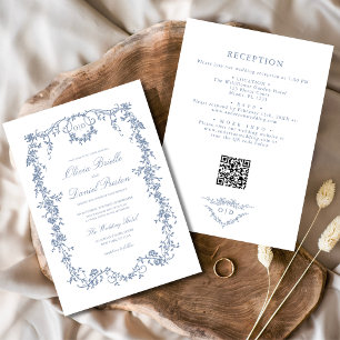 Invitation Victorian Dusty Blue QR Code Floral Mariage