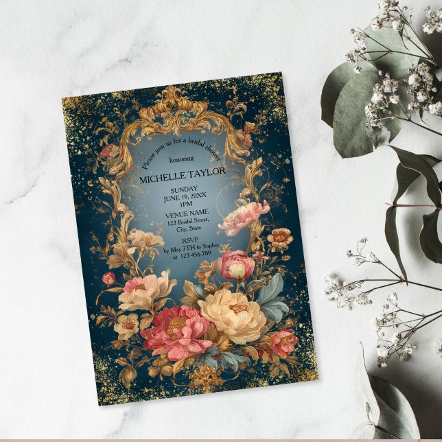 Invitation Victorian Floral Golden Frame Elegant Bridal (rich gold victorian floral frame on navy background, bridal  shower invitation)