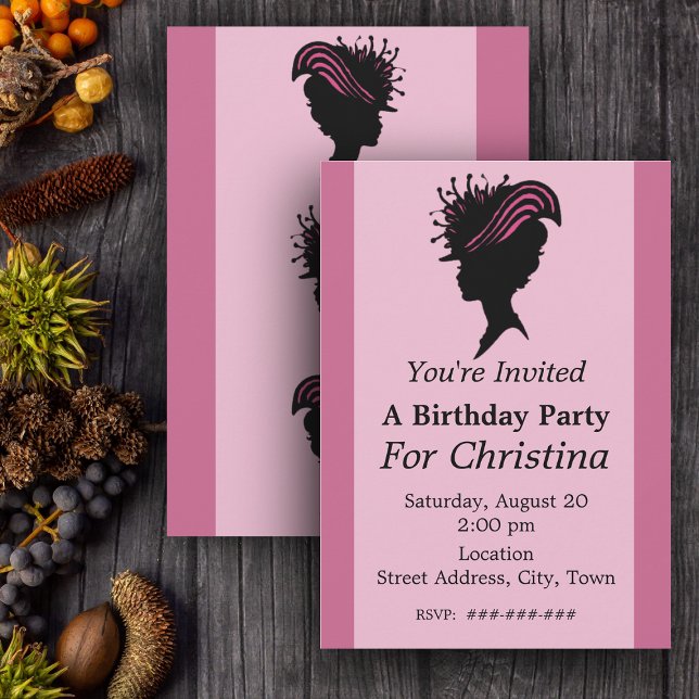 Invitation Victorian Lady Black Silhouette Fancy Casquette An (Silhouette of face of Victorian woman fancy hat on pink Birthday party invitations.)