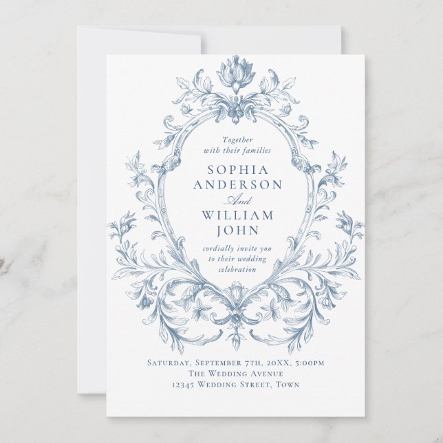 Invitation Victorian Ornate Floral Dusty Blue Code QR Mariage (Devant)
