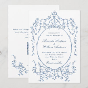 Invitation Victorian Ornate Floral Dusty Blue Code QR Mariage