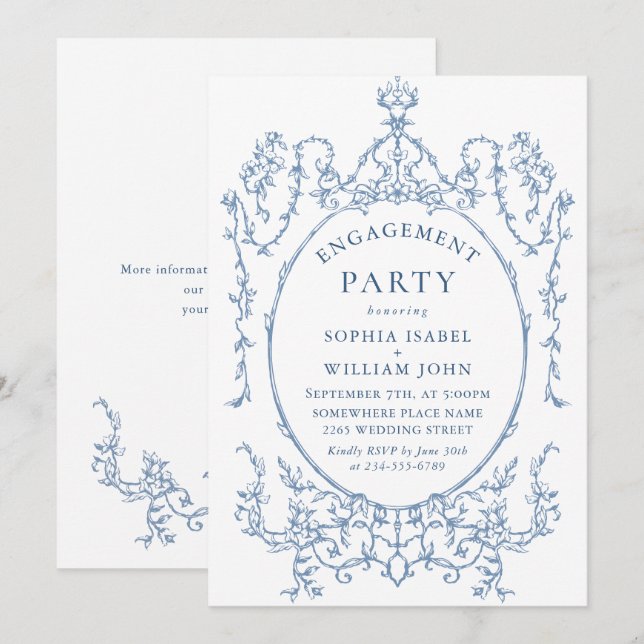 Invitation Victorian Ornate Grace Dusty Blue ENGAGEMENT PARTY (Devant / Derrière)