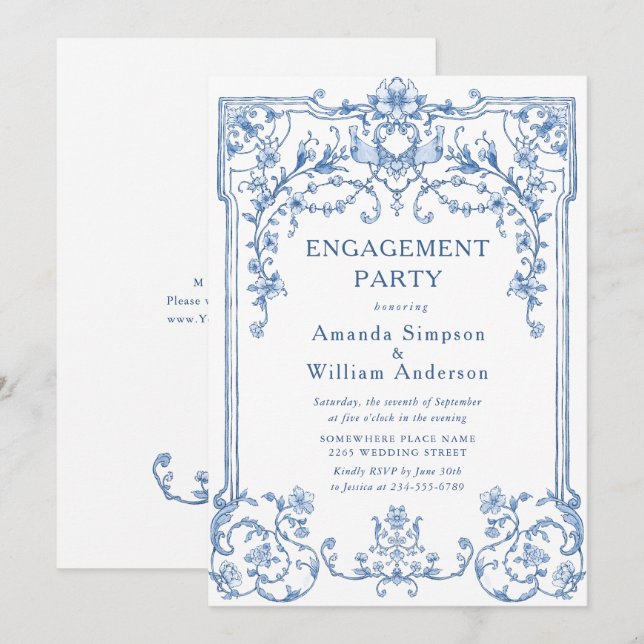 Invitation Victorian Ornate Grace Dusty Blue ENGAGEMENT PARTY (Devant / Derrière)