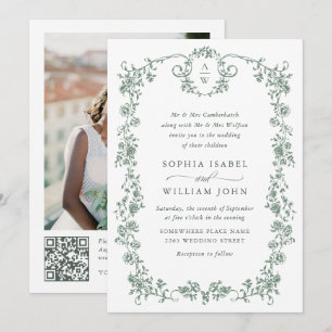 Invitation Victorian Ornate Grace Green Photo Code QR Mariage